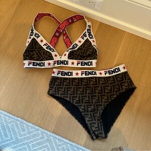Fendi high-waisted bikini with triangle cross-back top, both size 40